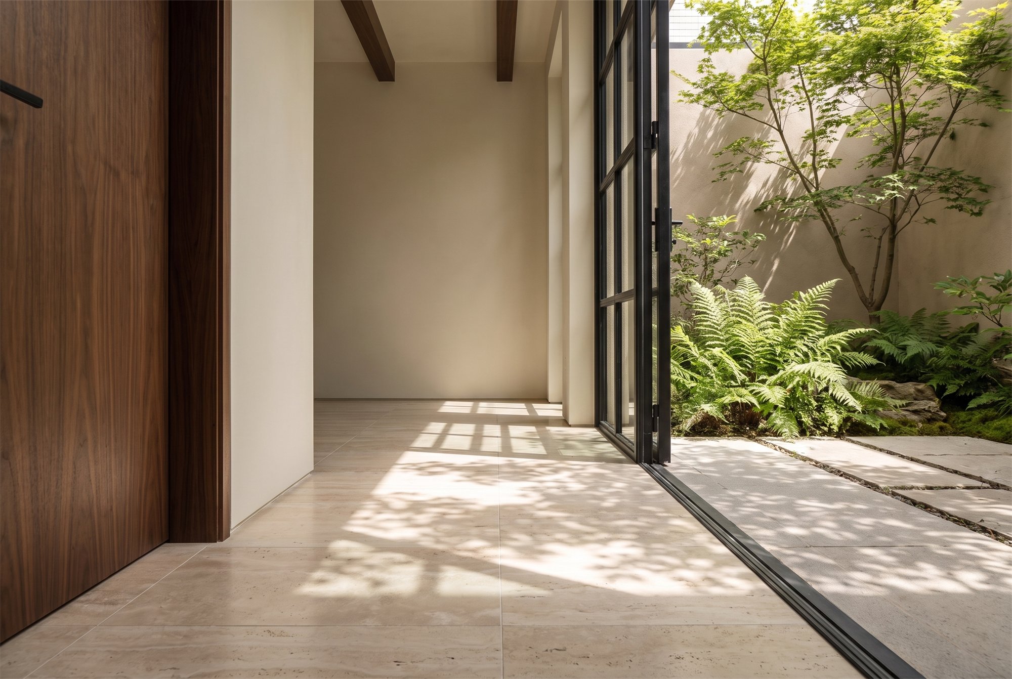INNER GARDEN — living room with steel-framed glazing onto a small planted courtyard