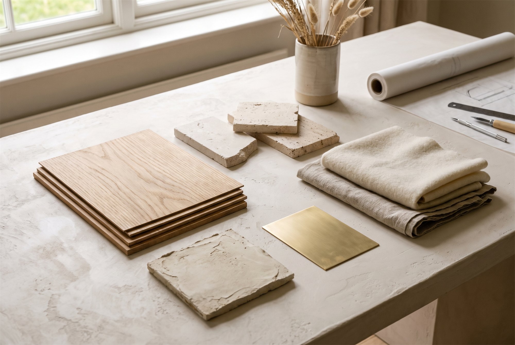 AURENVE studio — a material board of stone, oak and linen samples in daylight
