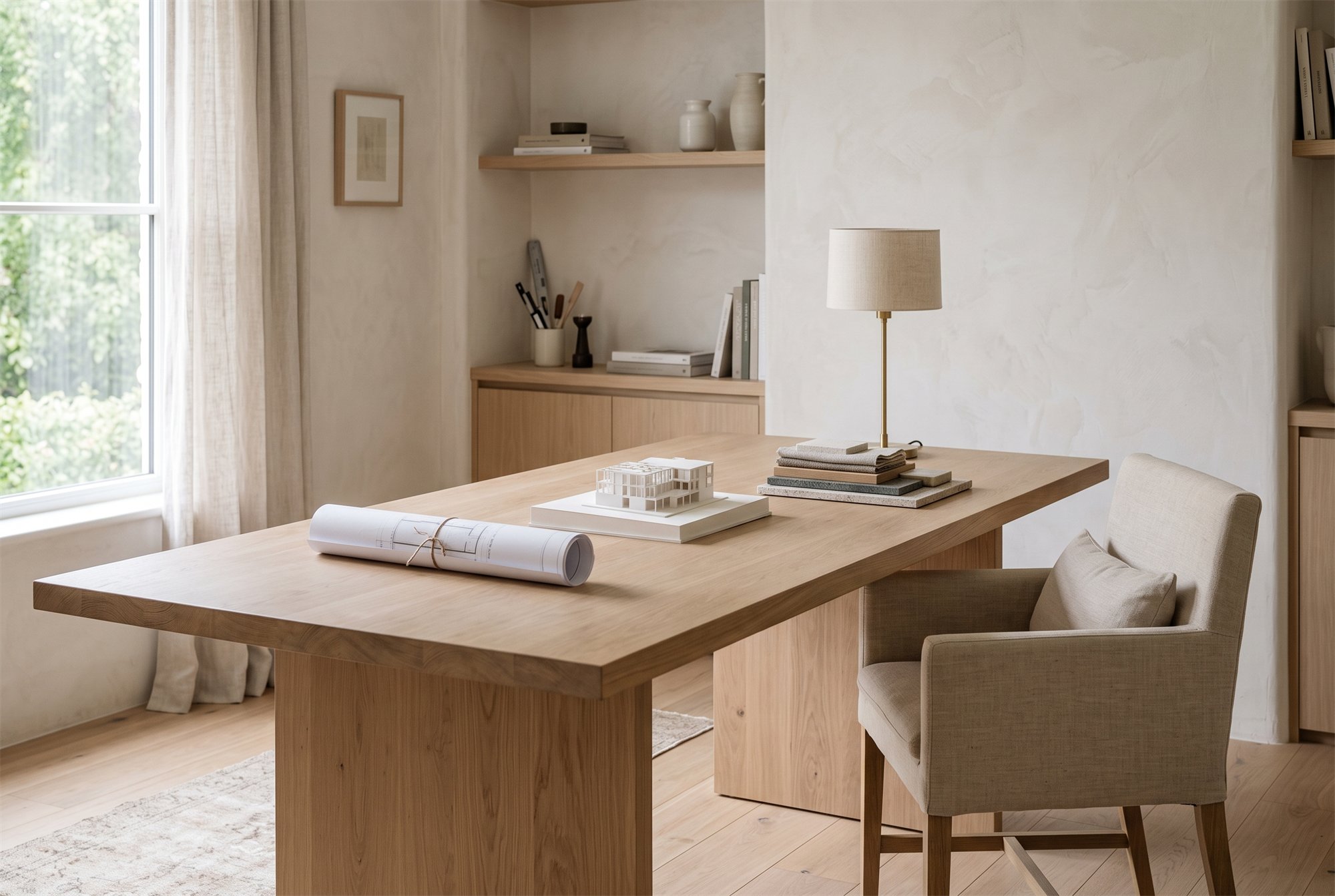 AURENVE studio — a restrained workspace with drawings and material samples on a large table